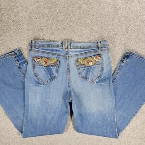 Vintage Faded Glory Jeans Womens 12 Light Wash Blue Floral Flap Pockets Wide Leg